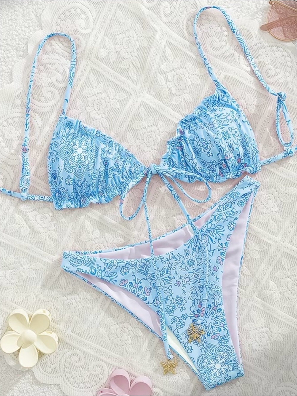 Light Blue Paisley Tie Front Triangle Bikini Set - Picture 3 of 7